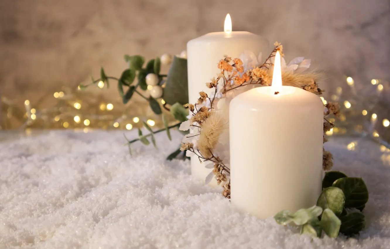 Photo wallpaper leaves, light, snow, decoration, flame, new year, candles, lights