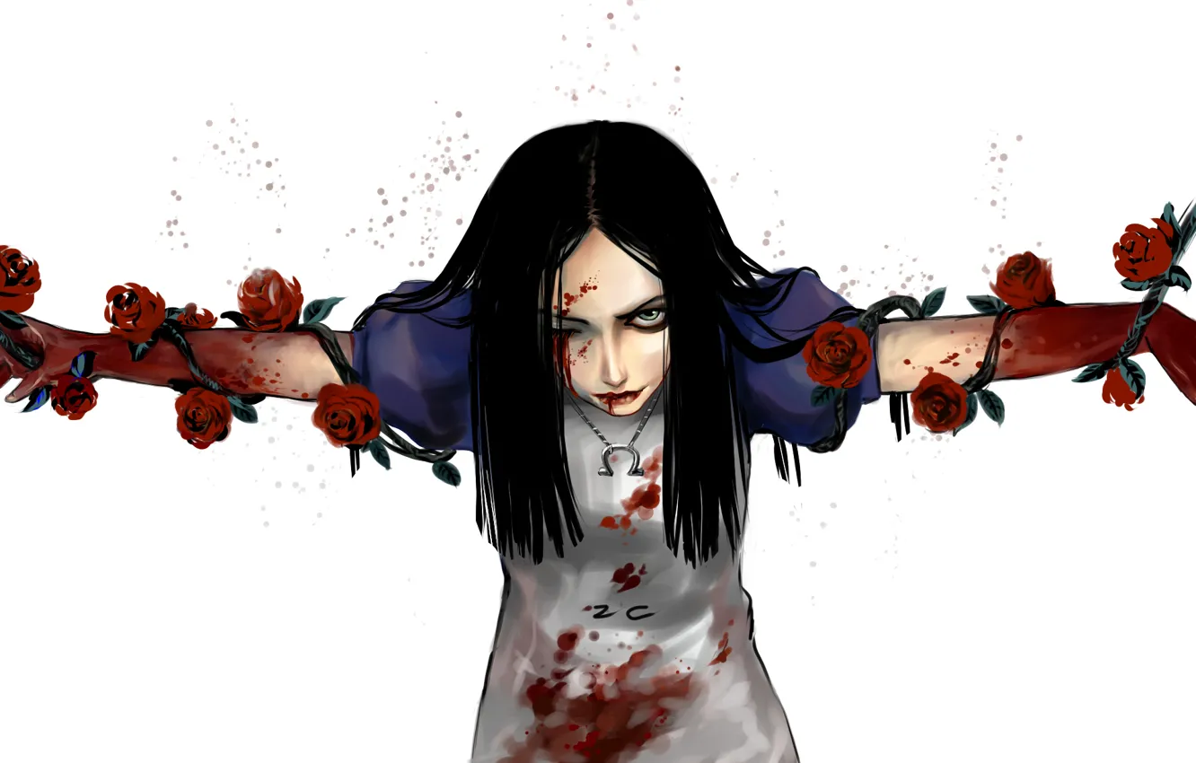 Photo wallpaper look, girl, flowers, blood, art, Alice, Alice, Alice Madness Returns