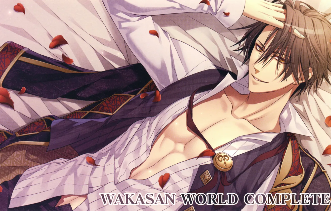 Photo wallpaper guy, rose petals, bangs, Amnesia, lying on the bed, waka, by Hanamura Mai