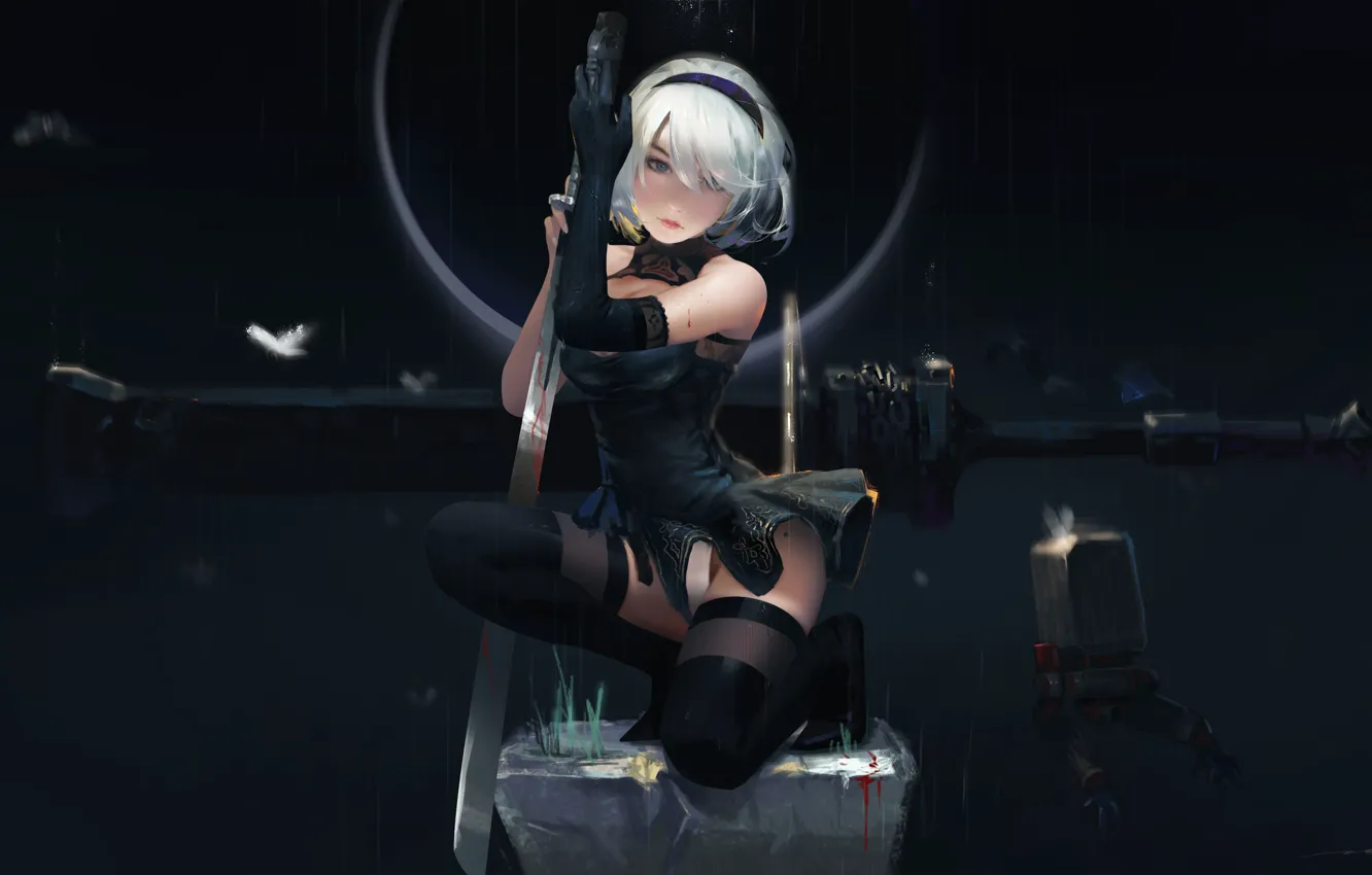 Photo wallpaper girl, weapons, sword, stockings, anime, blonde, NieR: Automata