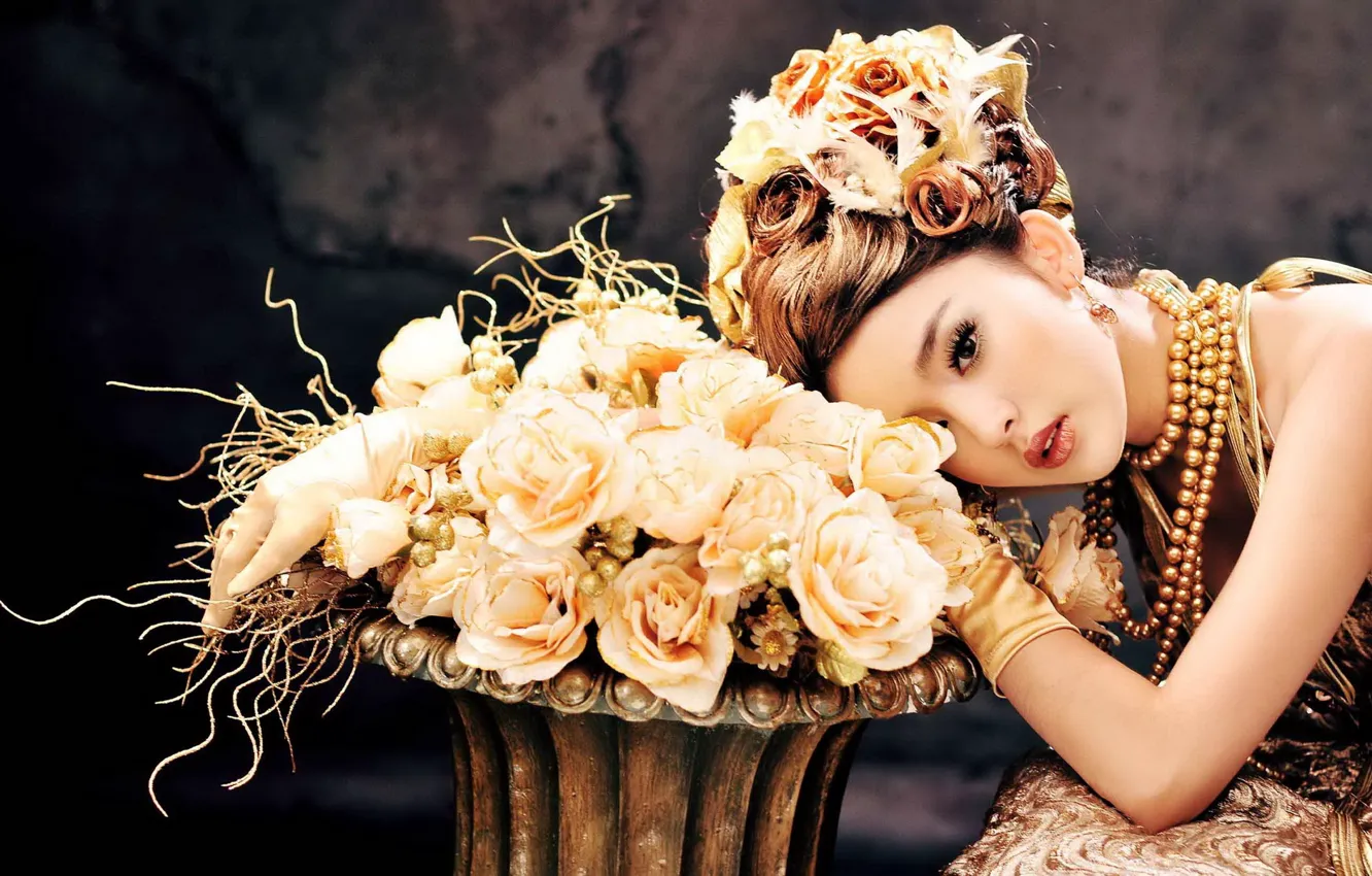 Photo wallpaper girl, decoration, flowers, model, roses, dress, hairstyle, Asian