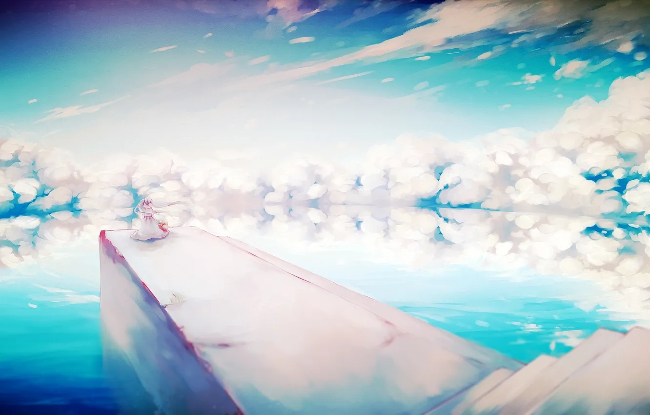Photo wallpaper the sky, water, girl, clouds, bridge, reflection, the ocean, anime