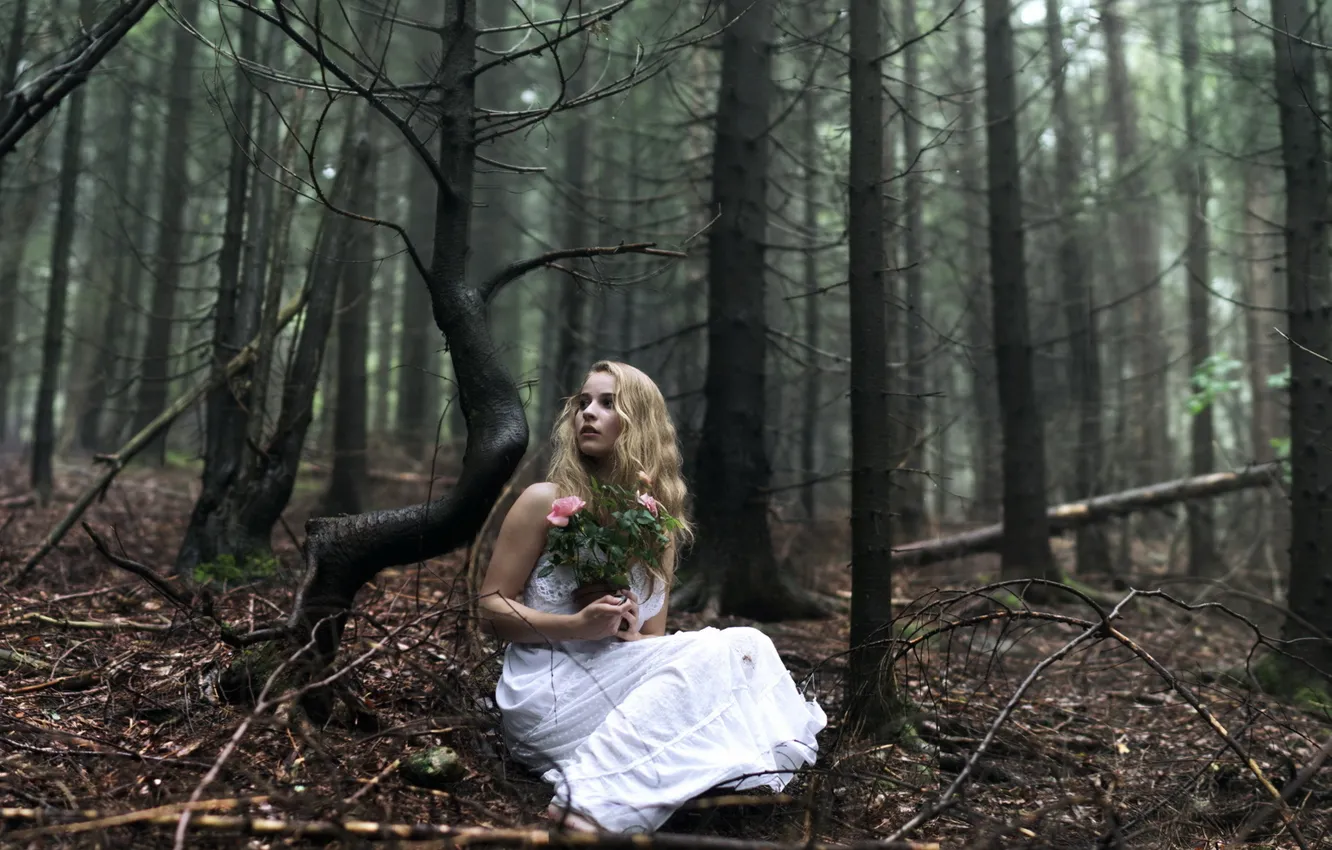 Photo wallpaper forest, girl, flowers