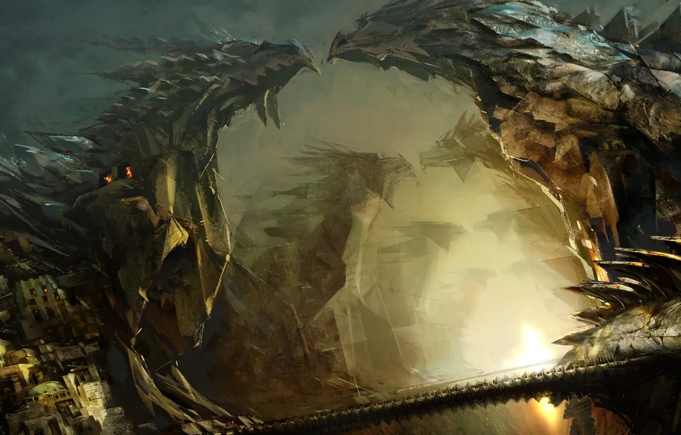 Photo wallpaper bridge, the city, lights, rocks, dragon, steps