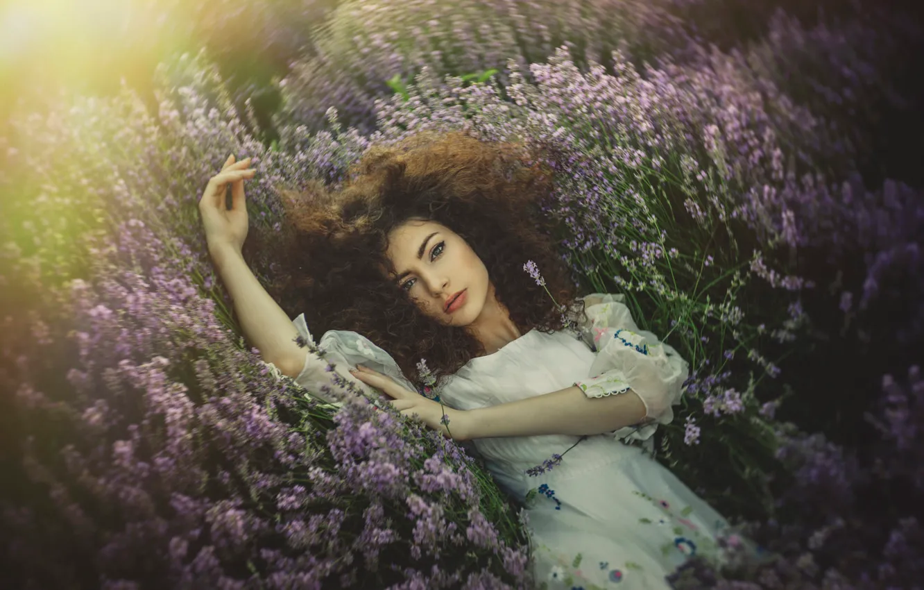 Photo wallpaper white, pose, look, flowers, lies, curly, nature, face
