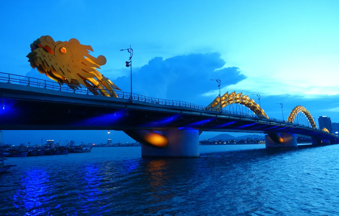 Photo wallpaper city, lights, twilight, river, sky, bridge, sunset, water