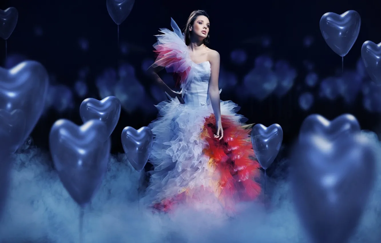 Photo wallpaper girl, mood, balls, heart, dress