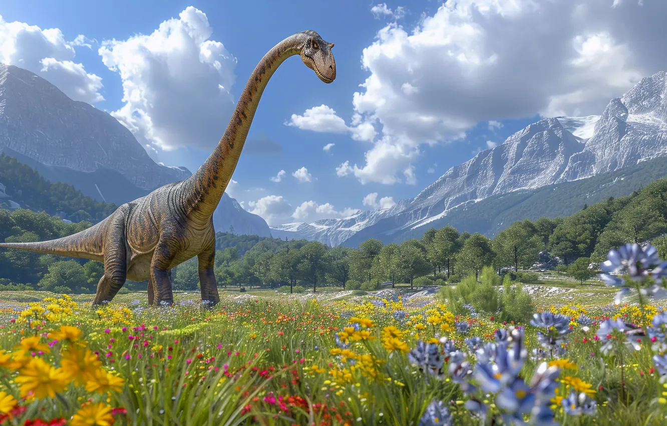 Photo wallpaper clouds, flowers, mountains, animal, dinosaur, neck, digital art, Ancient animals