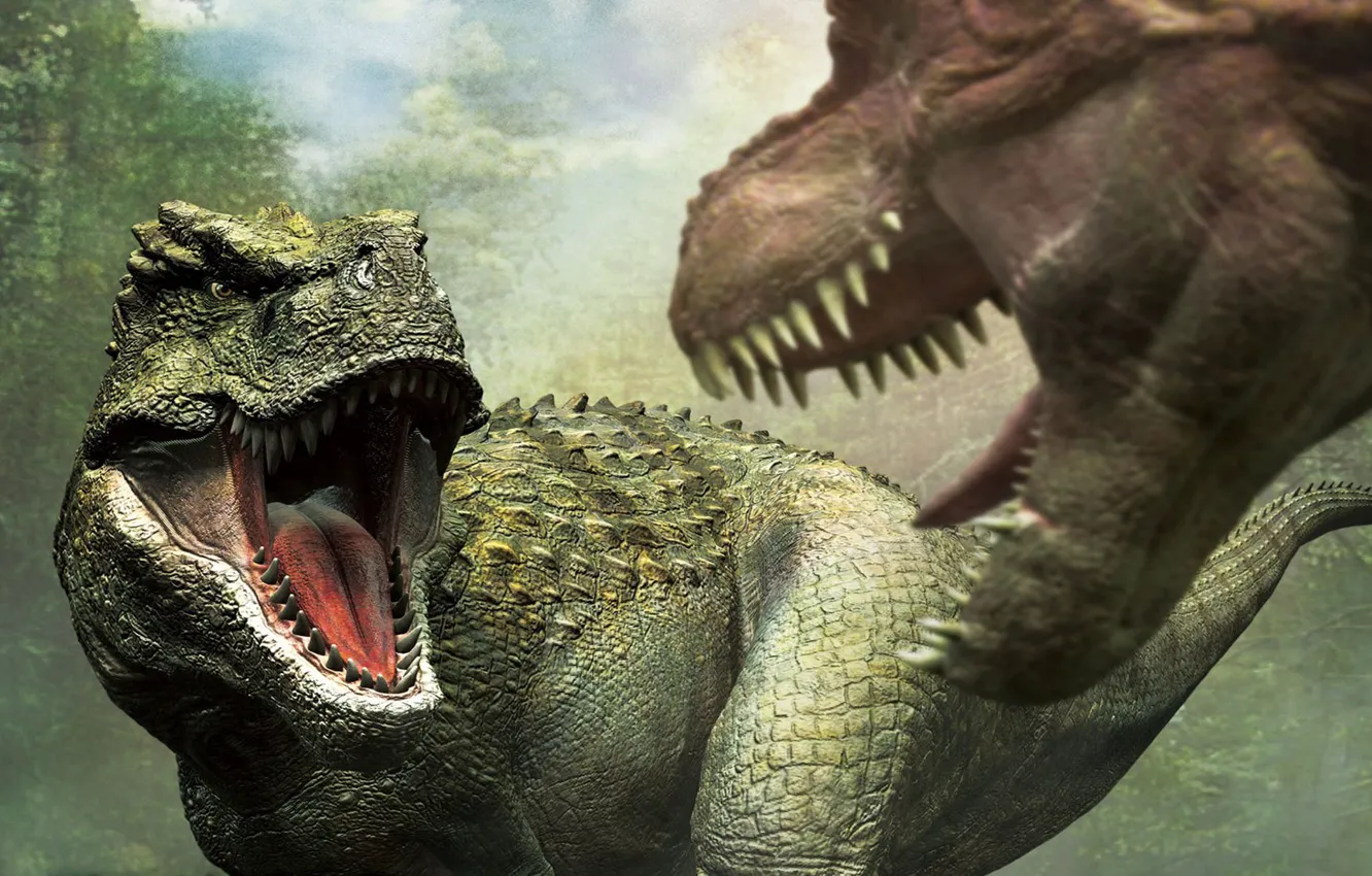 Photo wallpaper dinosaur, predator, teeth, mouth, fight