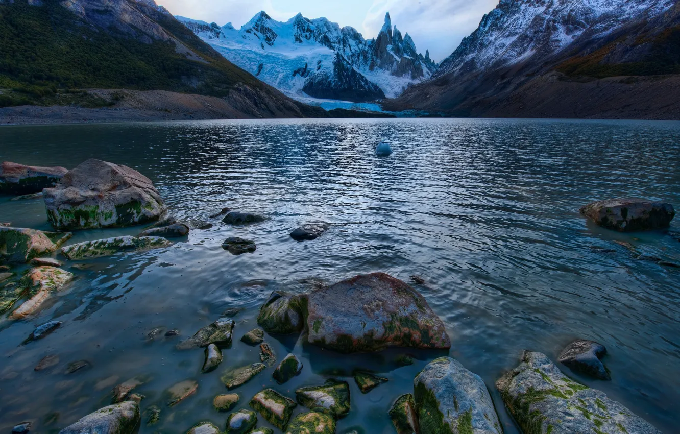 Photo wallpaper mountains, lake, stones