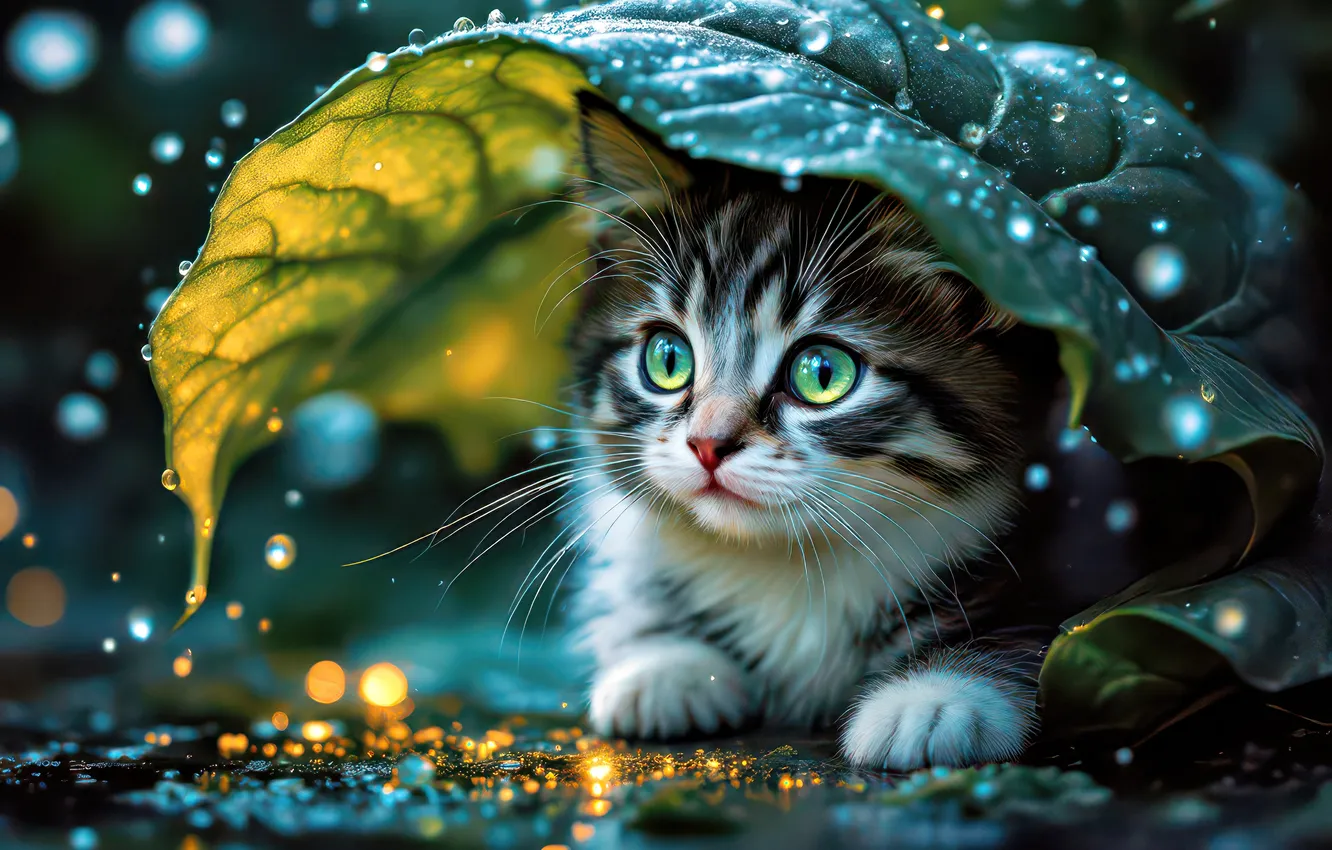 Photo wallpaper cat, look, drops, light, night, lights, pose, grey