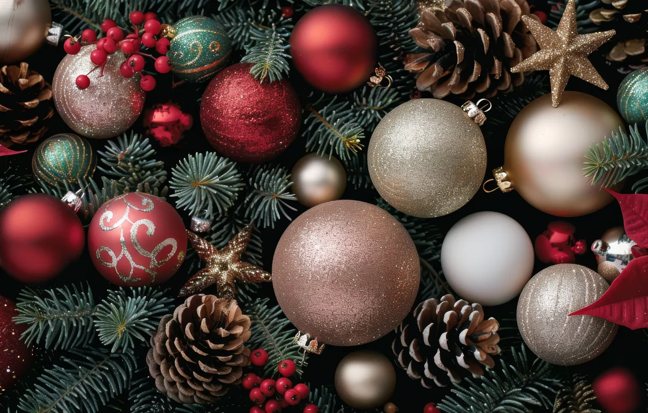 Photo wallpaper stars, balls, berries, new year, Christmas, needles, bumps, different