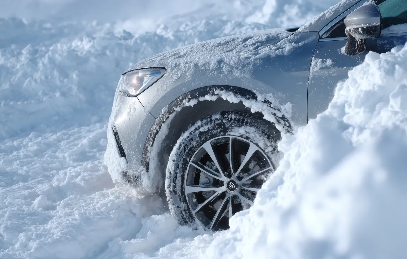 Photo wallpaper winter, road, machine, snow, lights, wheel, silver, the snow