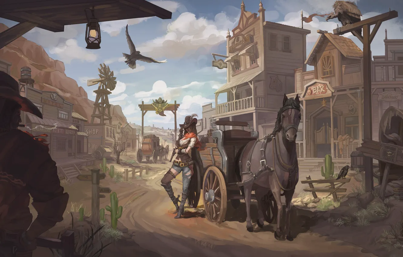 Photo wallpaper girl, the city, horse, horse, figure, wagon, cowboy, West