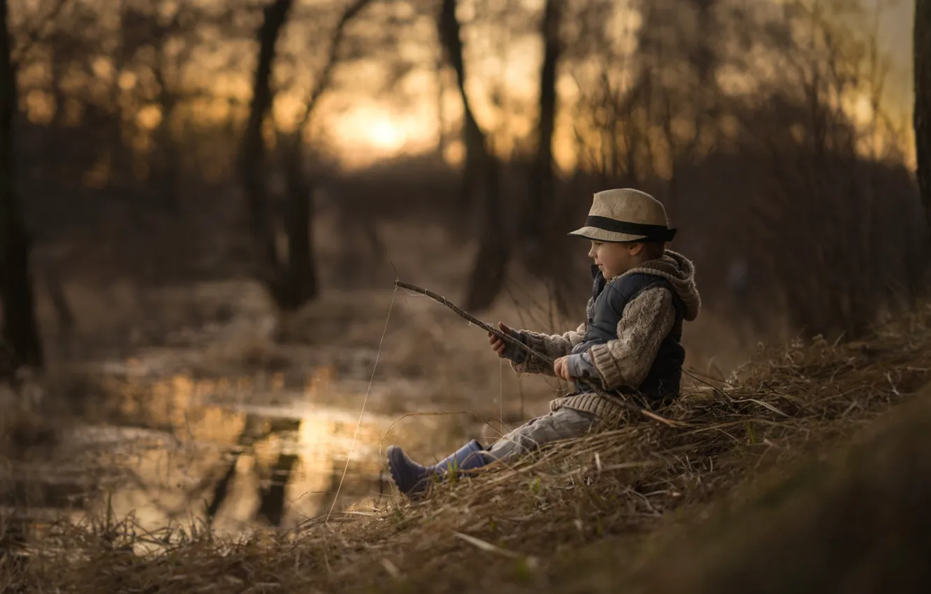 Photo wallpaper river, fishing, boy