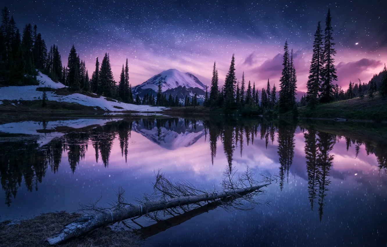 Photo wallpaper forest, the sky, stars, mountains, night, lake, mountain