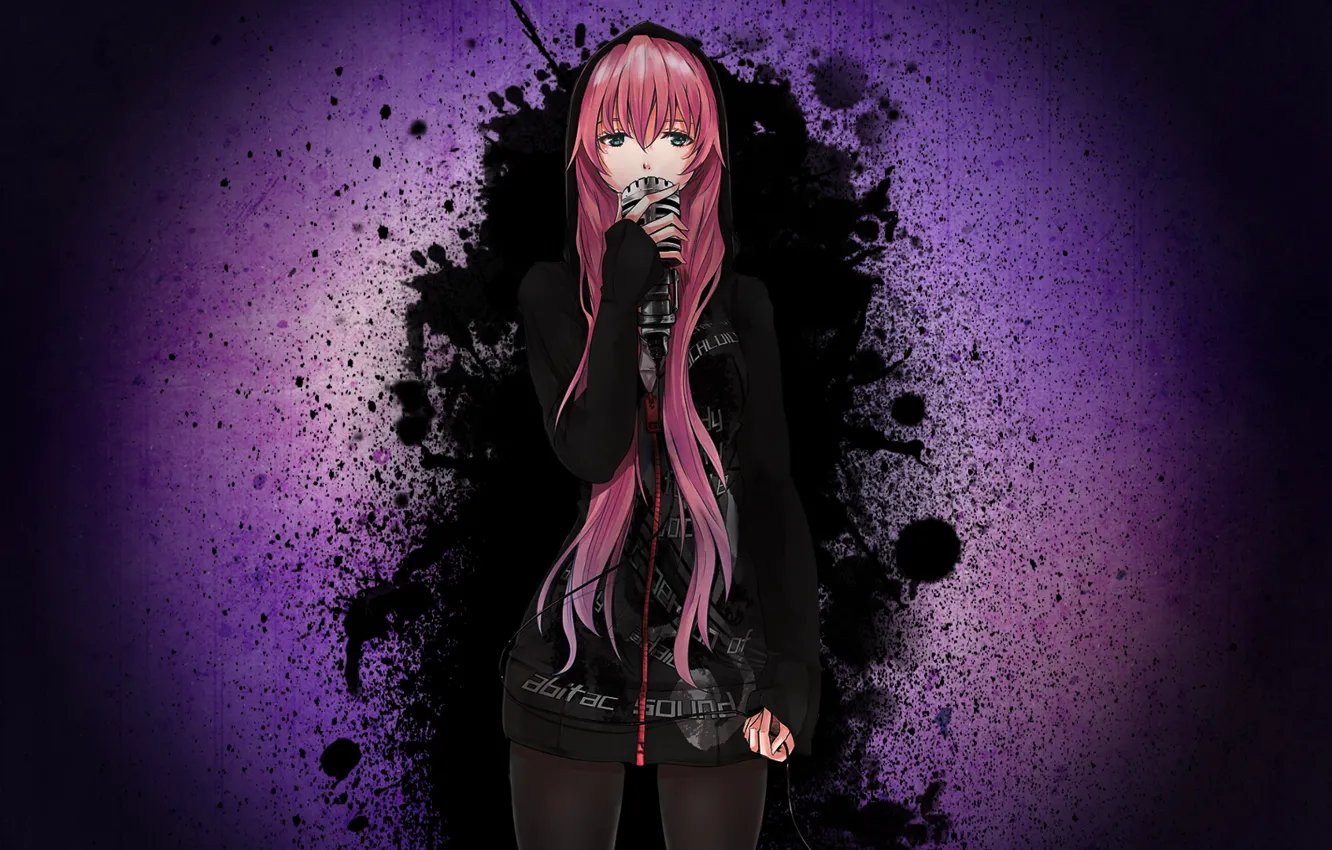 Photo wallpaper girl, drops, blots, microphone, long hair, Vocaloid, Wallpaper anime, Megurine Onions