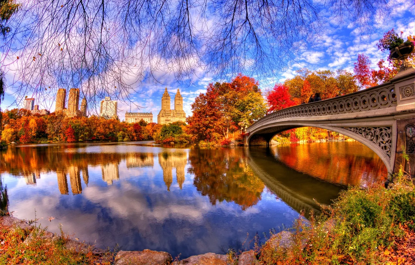 Photo wallpaper autumn, leaves, water, trees, bridge, nature, Park, reflection