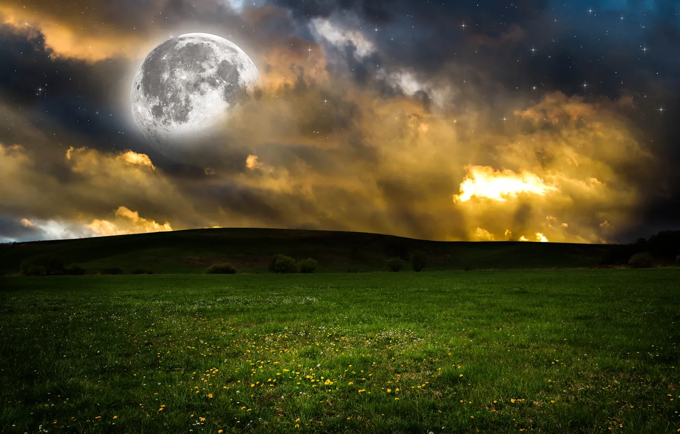 Photo wallpaper greens, field, the sky, grass, clouds, the moon, photoshop, stars