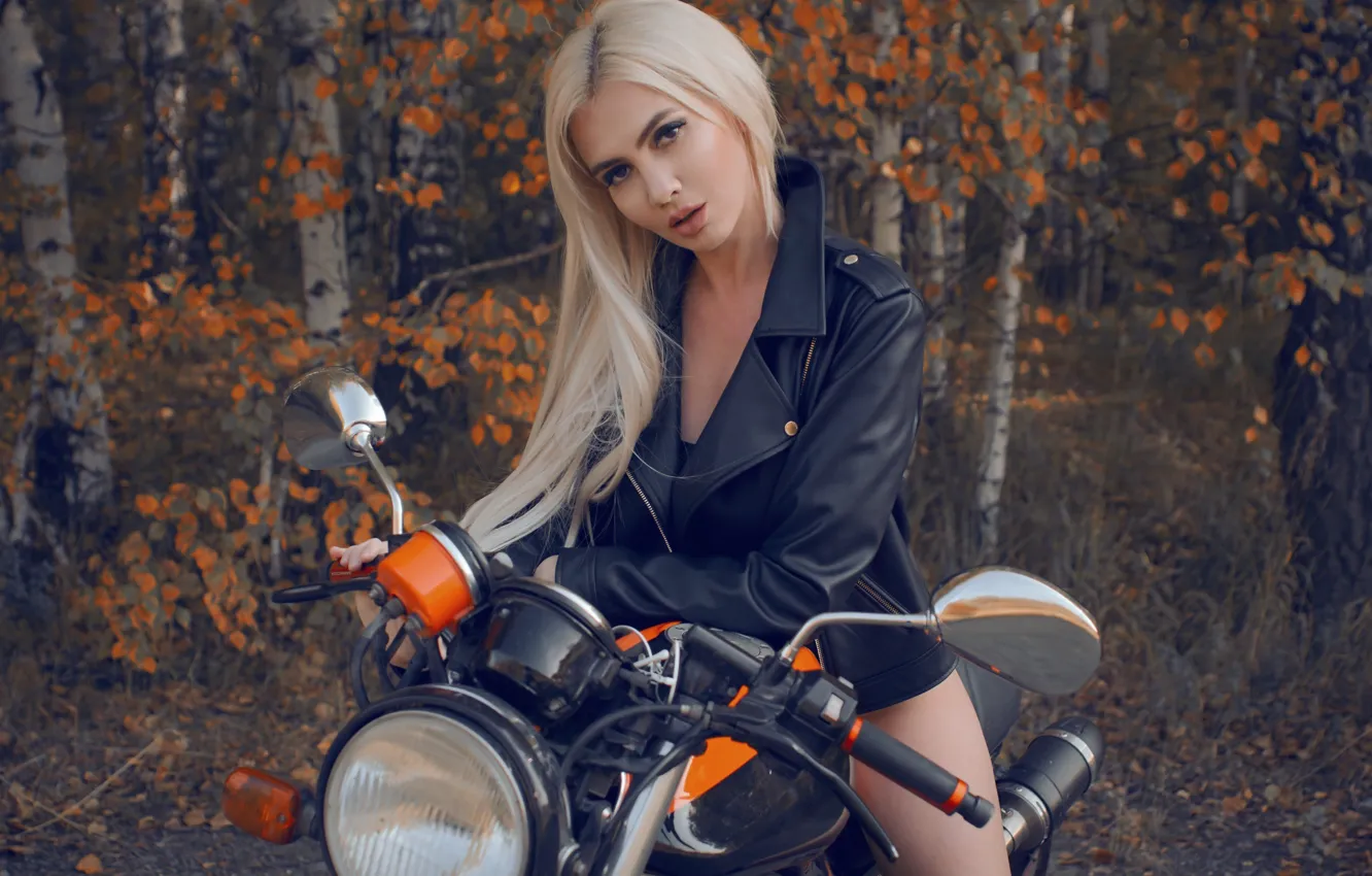 Photo wallpaper autumn, look, girl, jacket, blonde, motorcycle, Tanya Kasumyan, Rashid Fatykov