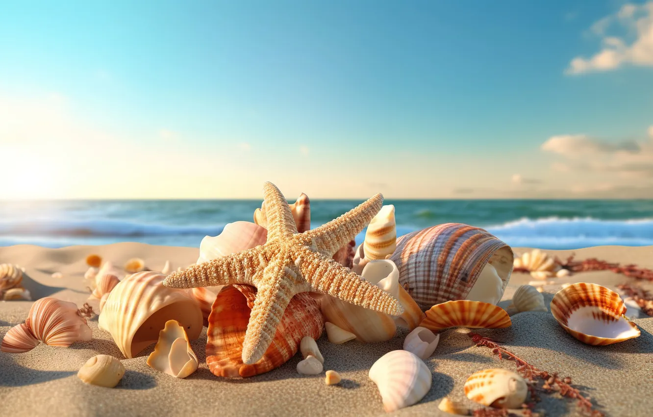 Photo wallpaper sand, sea, beach, stars, shell, beach, sea, sand