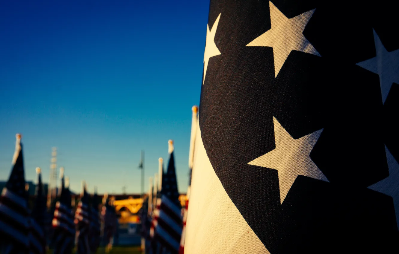 Photo wallpaper red, USA, white, blue, stars, america, bokeh, flag