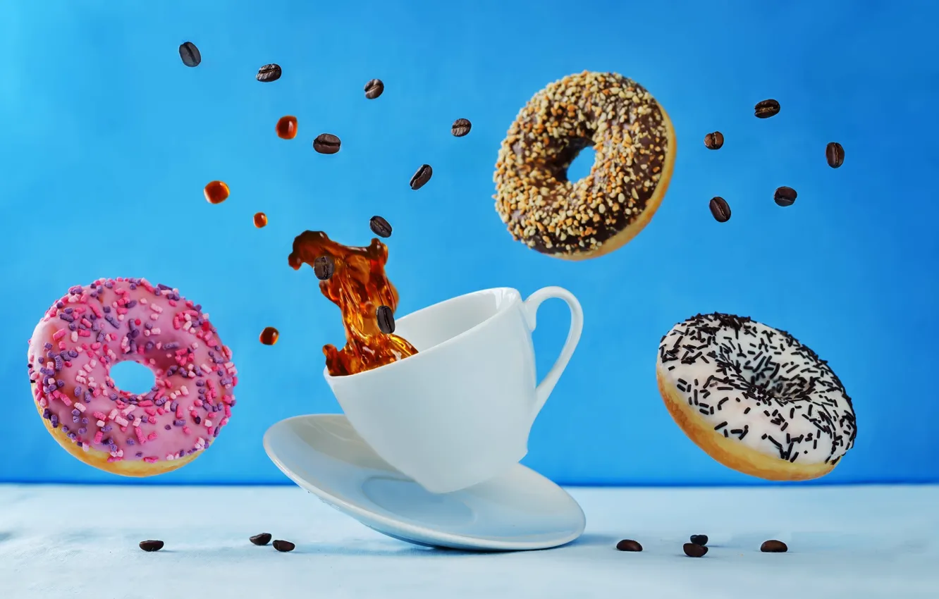 Photo wallpaper blue, table, background, coffee, Cup, white, donuts, drink