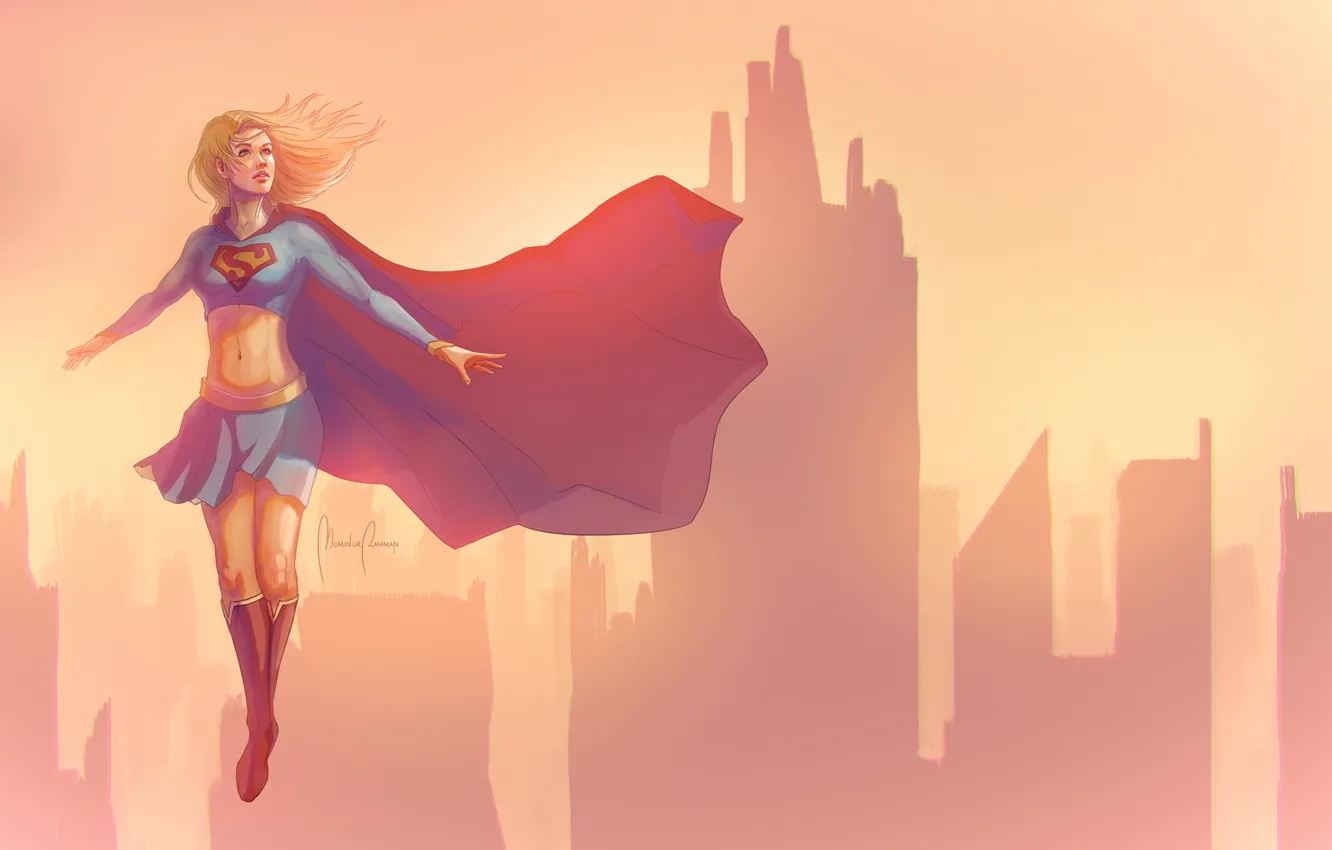 Photo wallpaper girl, flight, sunset, building, minimalism, Supergirl