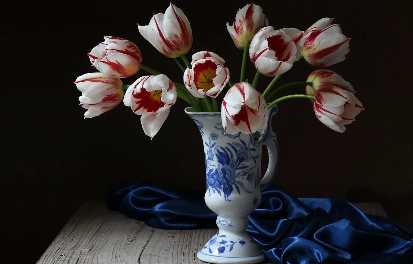Photo wallpaper style, background, Board, bouquet, tulips, fabric, vase