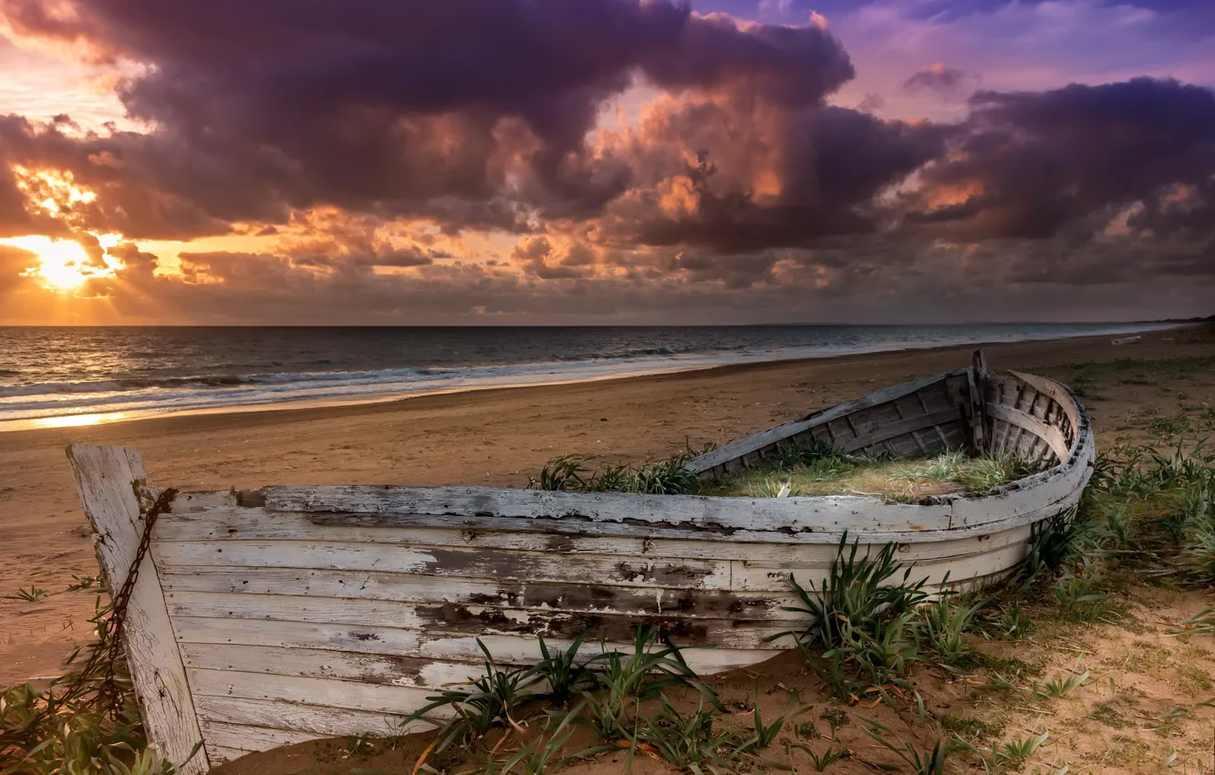 Photo wallpaper sea, sunset, shore, boat