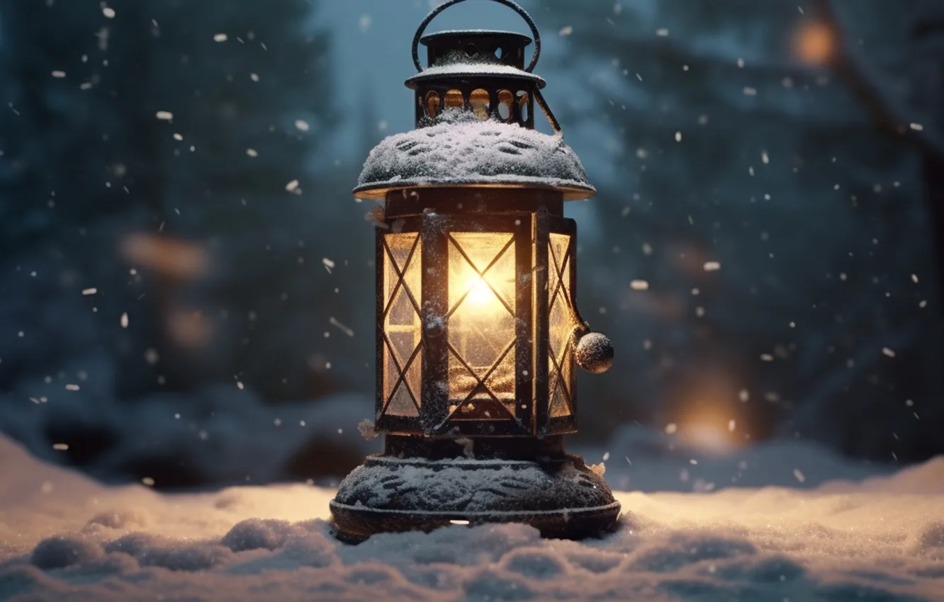Photo wallpaper winter, snow, night, Christmas, lantern, New year, Christmas, night
