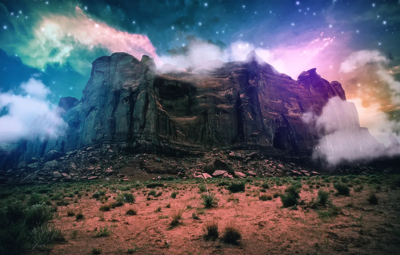 Photo wallpaper sand, space, clouds, mountains, fantasy, stones, fiction, rocks