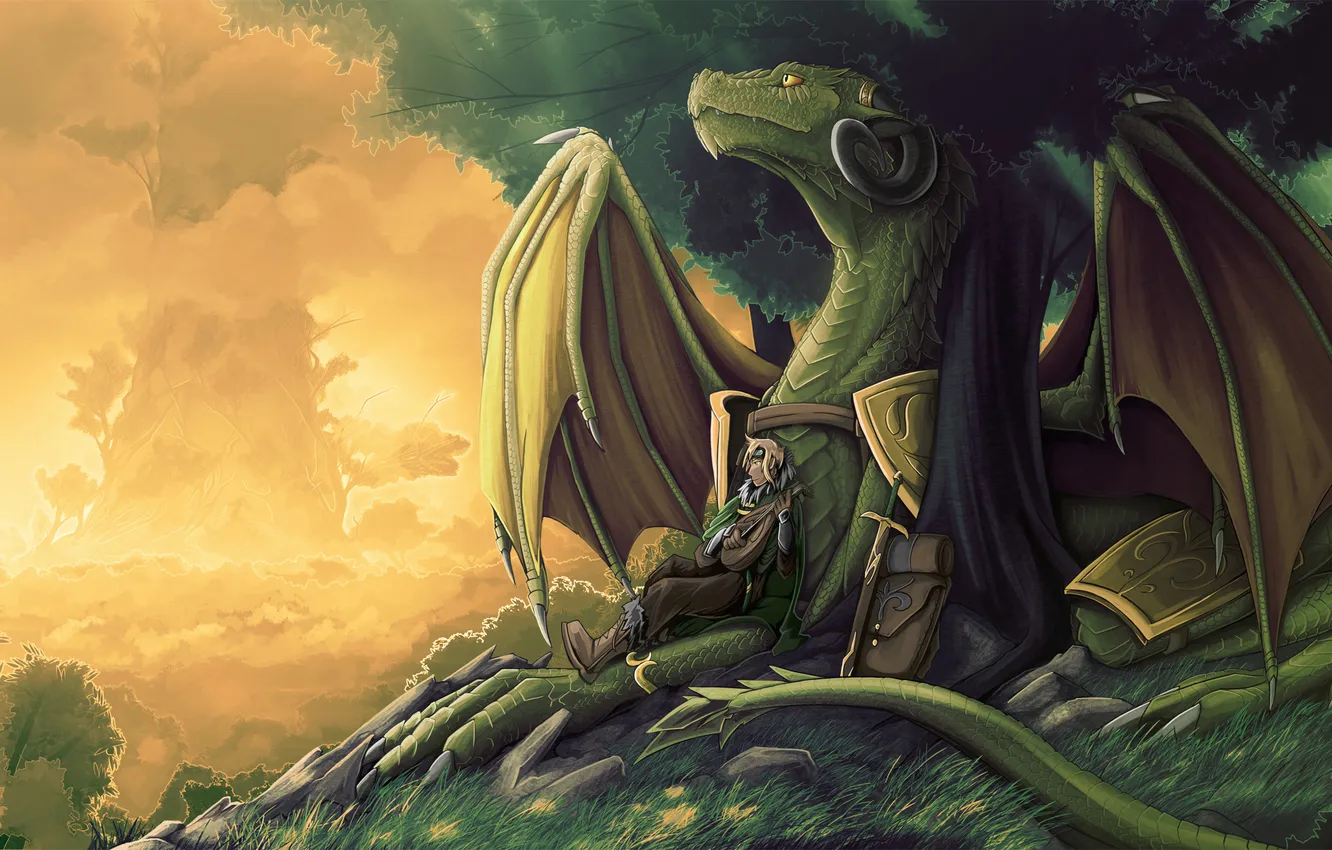 Photo wallpaper forest, stay, dragon, sword, warrior