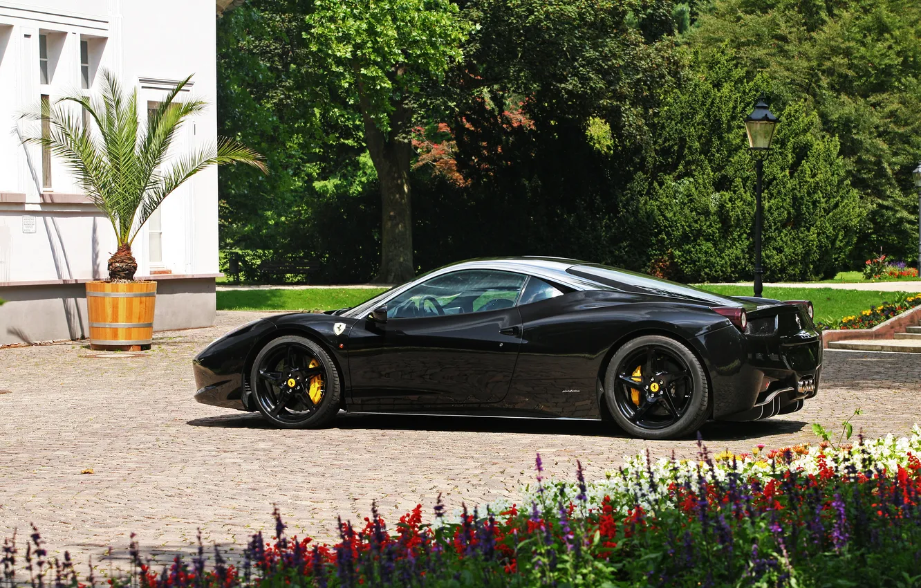 Photo wallpaper black, Italy, Ferrari, Ferrari, drives, black, side view, flowerbed