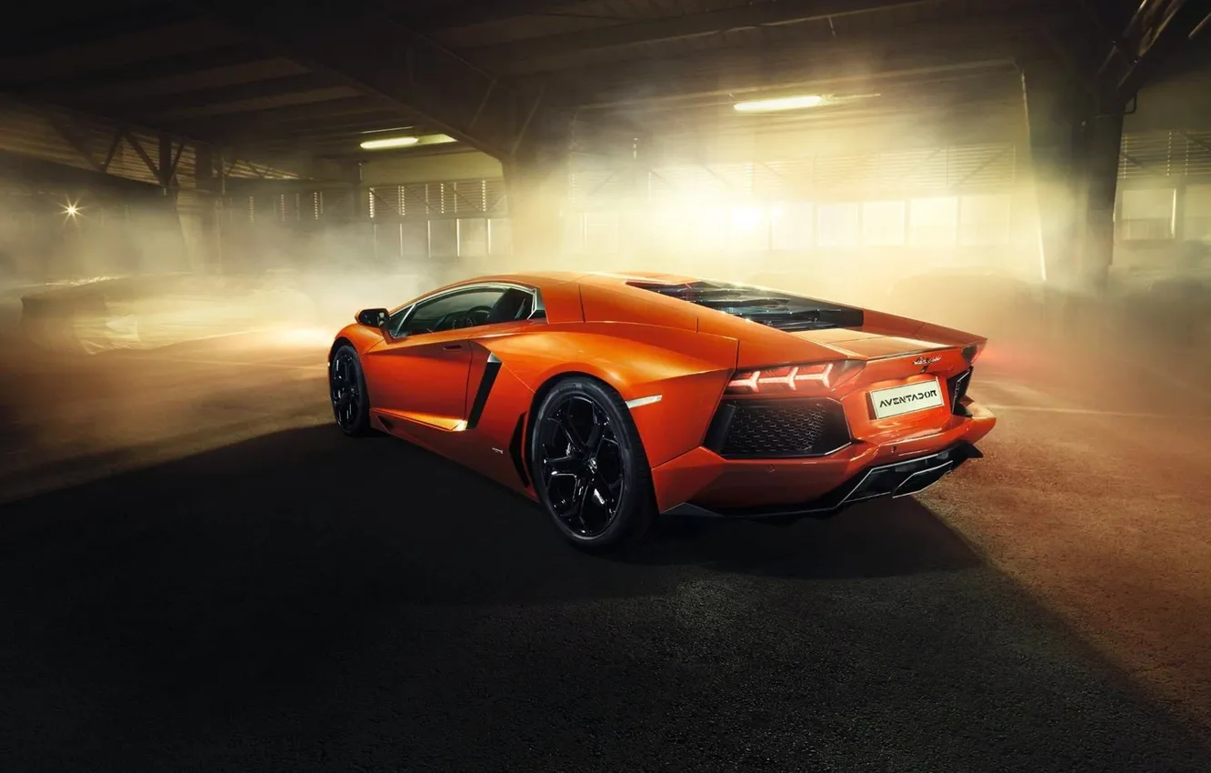 Photo wallpaper machine, light, Lamborghini, hangar, supercar, Aventador
