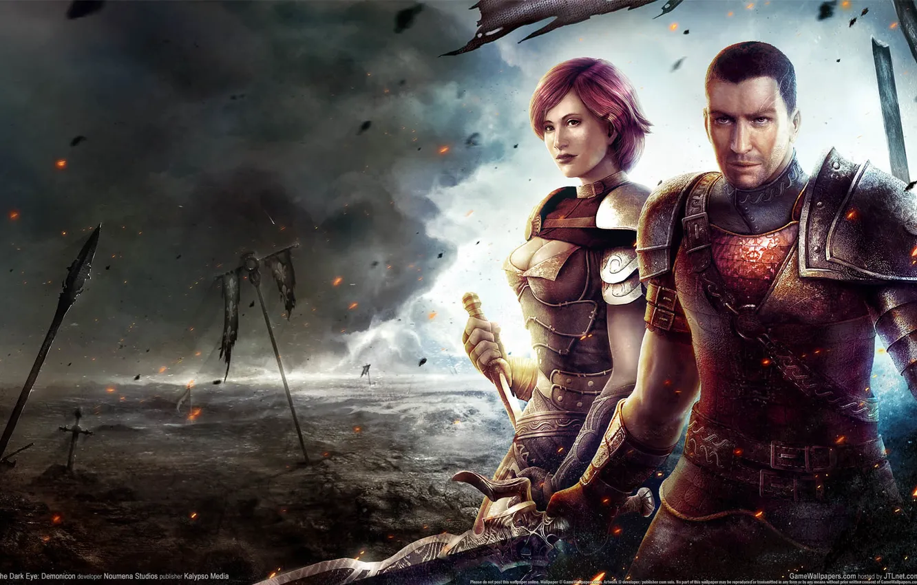 Photo wallpaper girl, weapons, magic, sword, guy, game wallpapers, The Dark Eye: Demonicon