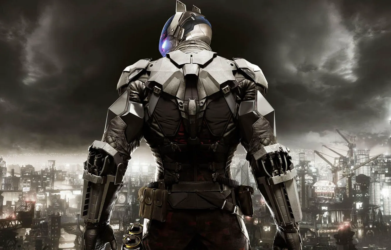 Photo wallpaper clouds, city, the city, protection, haze, cyborg, Batman, clouds