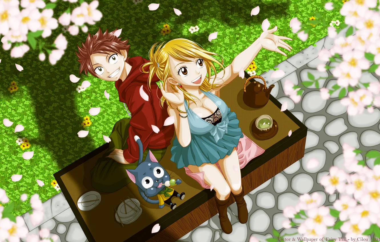 Photo wallpaper girl, spring, the tea party, guy, happy, flowering, fairy tail, lucy heartfilia