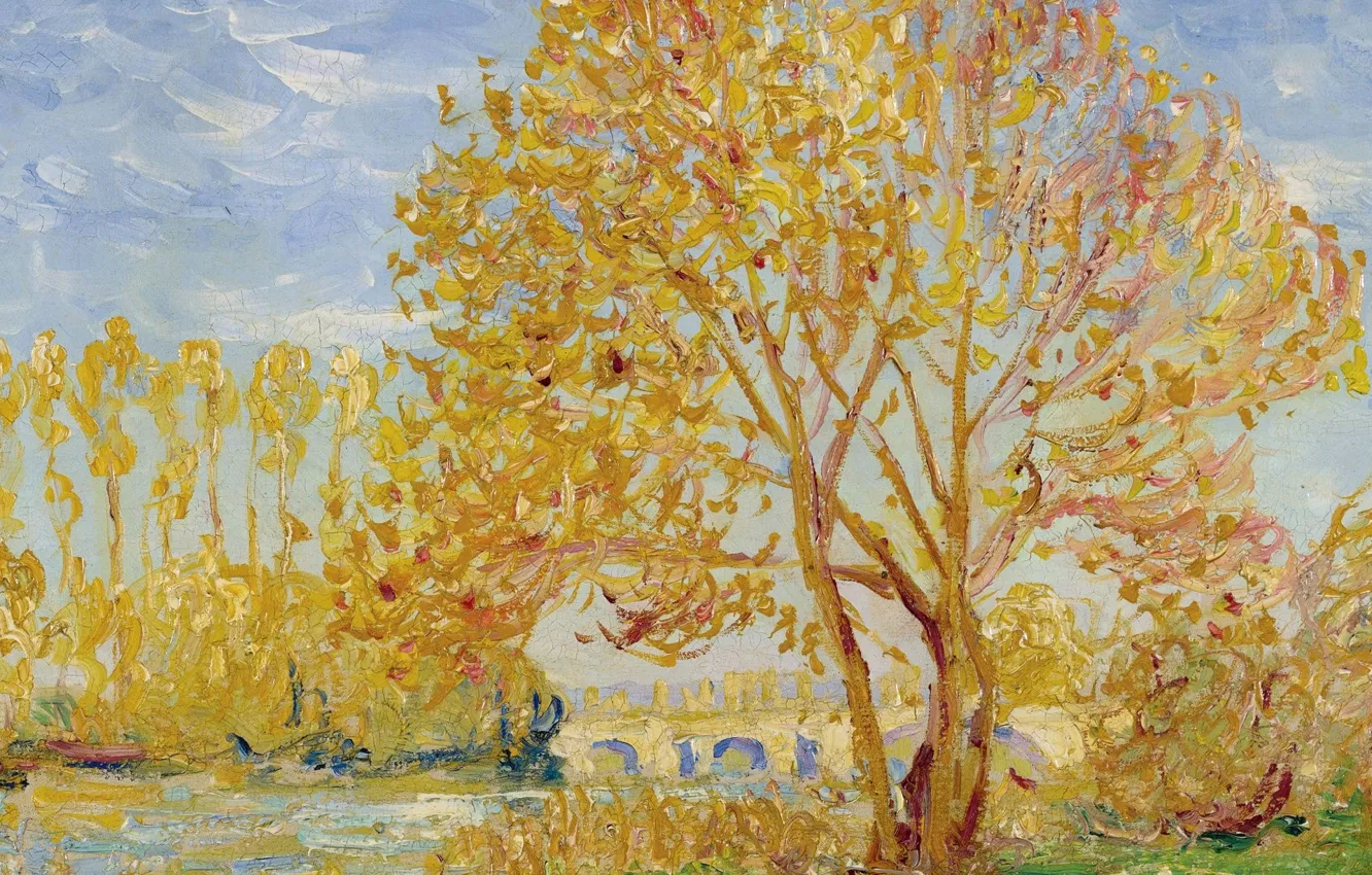 Photo wallpaper landscape, bridge, river, tree, picture, Francis Picabia, The Autumn Effect, Francis Picabia