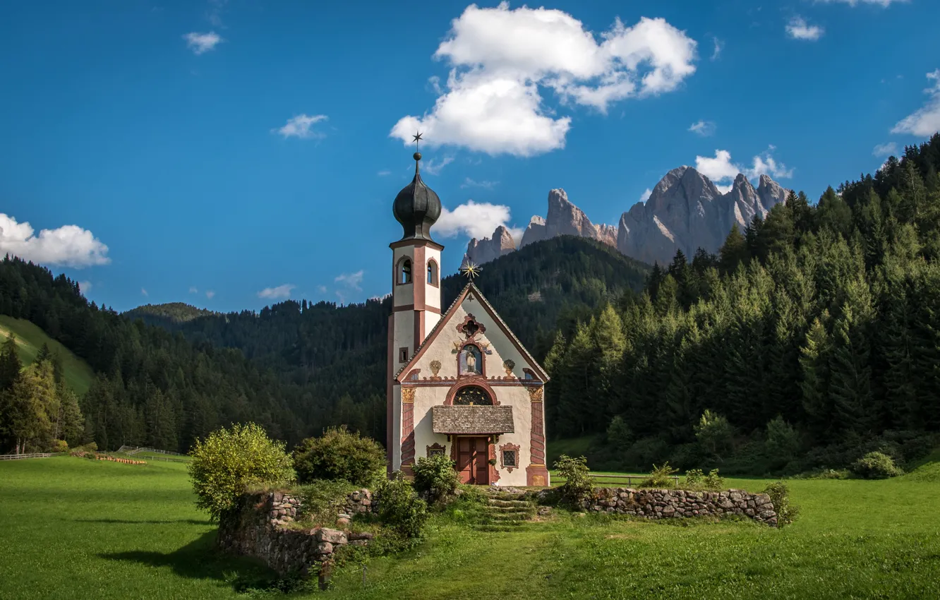 Photo wallpaper forest, landscape, mountains, nature, Italy, Church, The Dolomites