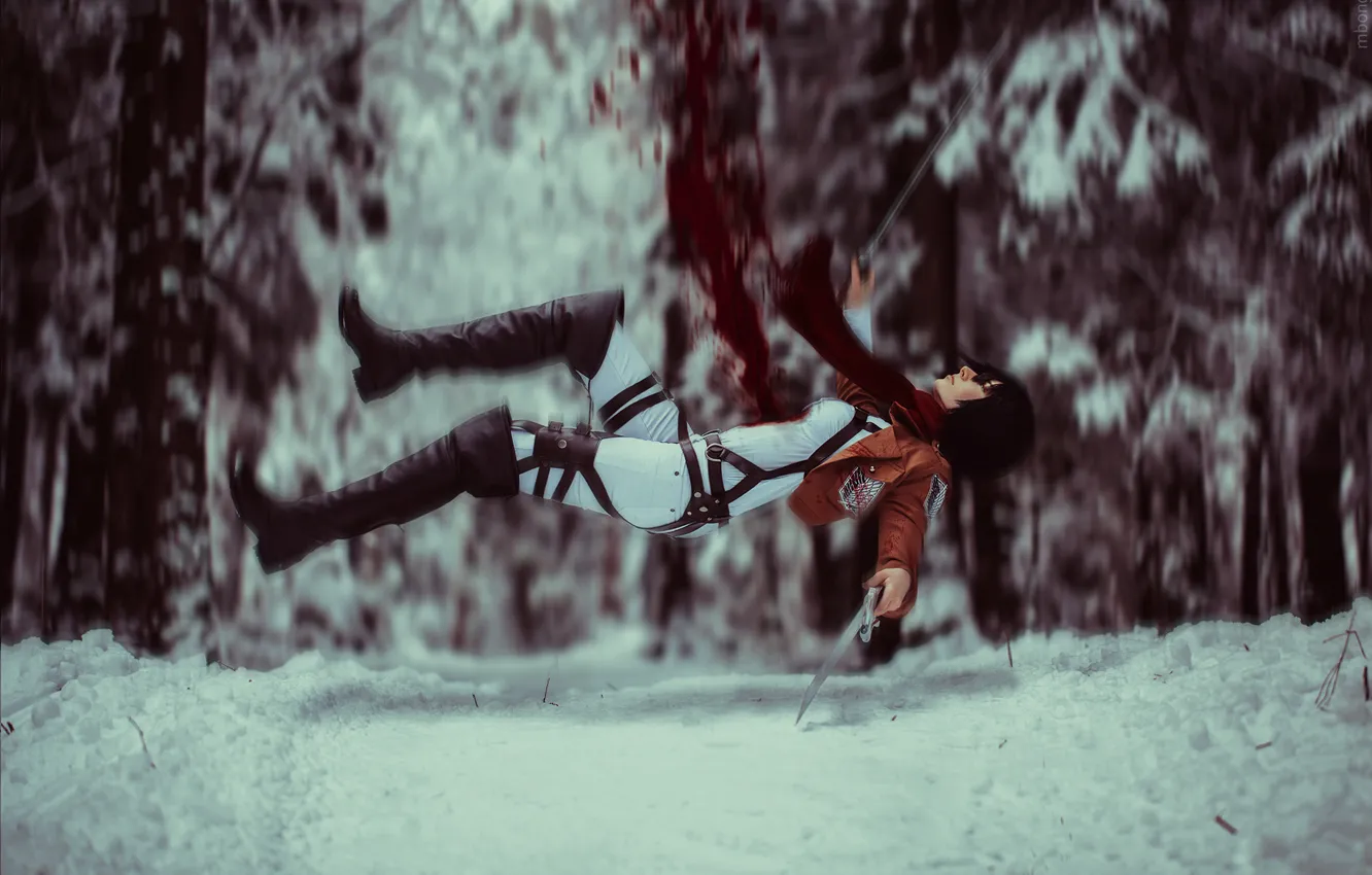 Photo wallpaper winter, girl, snow, trees, blood, anime, Cosplay, Shingeki no Kyojin