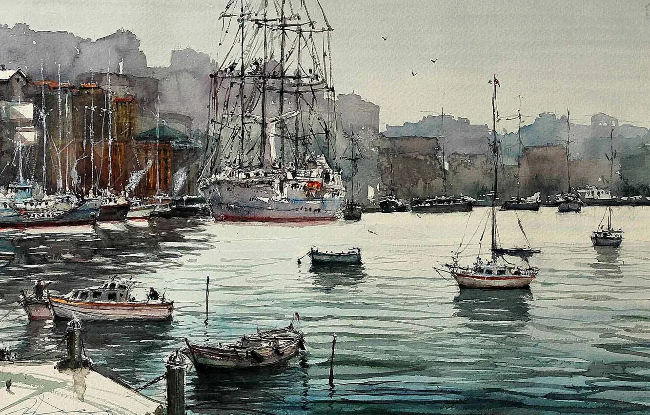Photo wallpaper sea, landscape, boat, ship, picture, Bay, port, watercolor