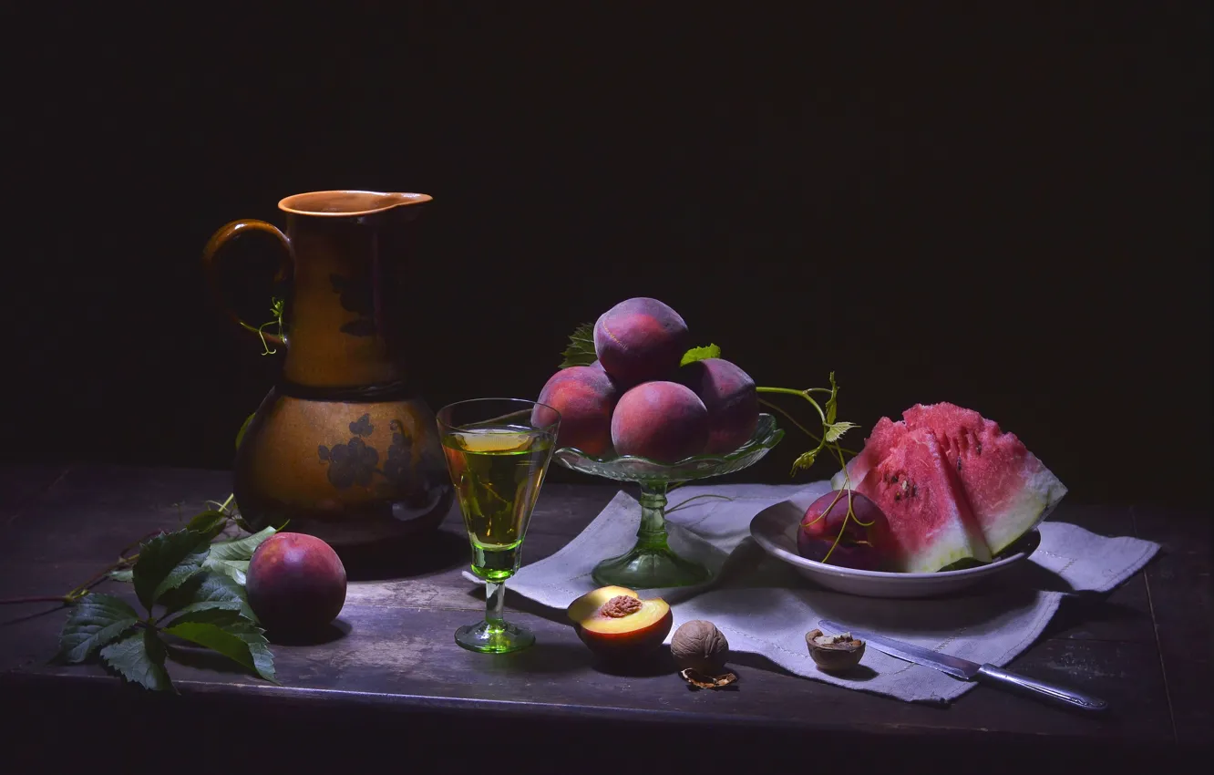 Photo wallpaper glass, watermelon, knife, pitcher, nuts, still life, peaches