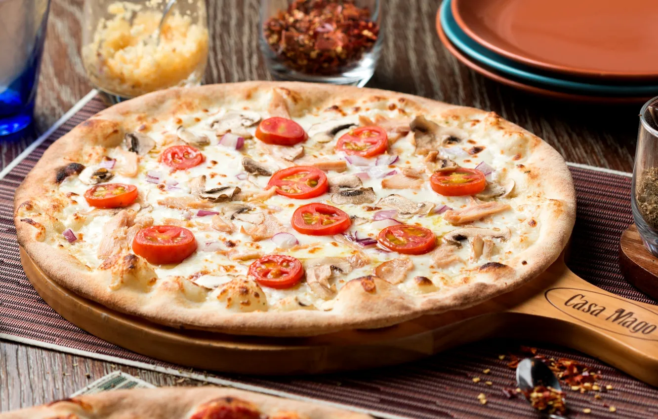 Photo wallpaper cheese, pizza, tomatoes, mushrooms