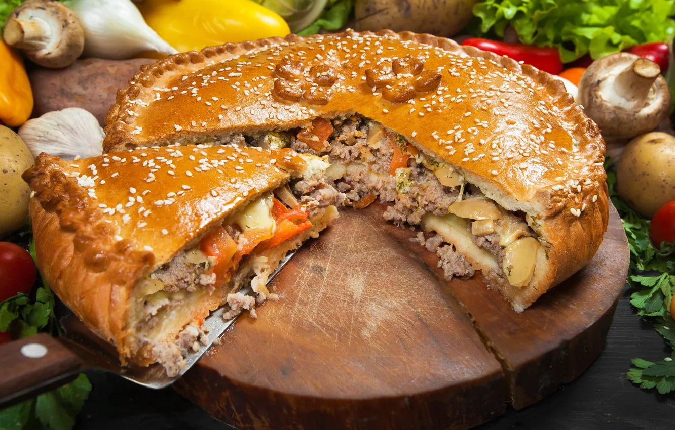 Photo wallpaper mushrooms, pie, vegetables, meat