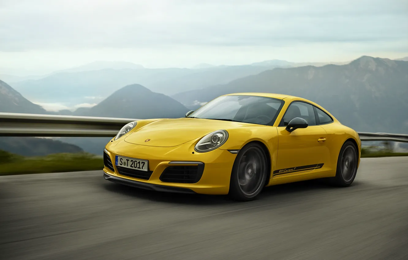 Photo wallpaper road, yellow, Porsche, the fence, mountain landscape, 911 Carrera T