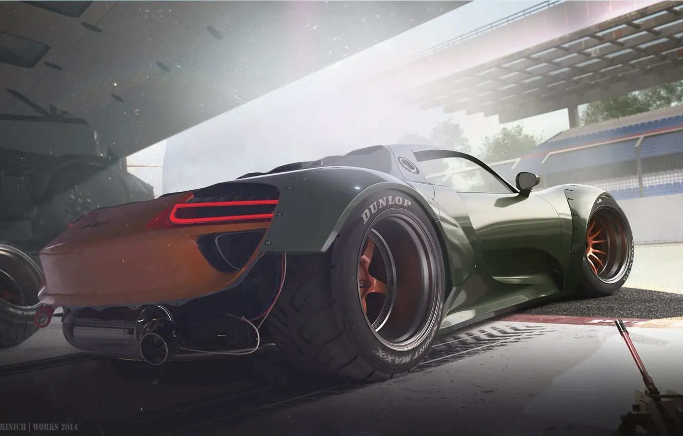 Photo wallpaper Concept, Porsche, Car, Race, 918, Wheels, Garage, Rear