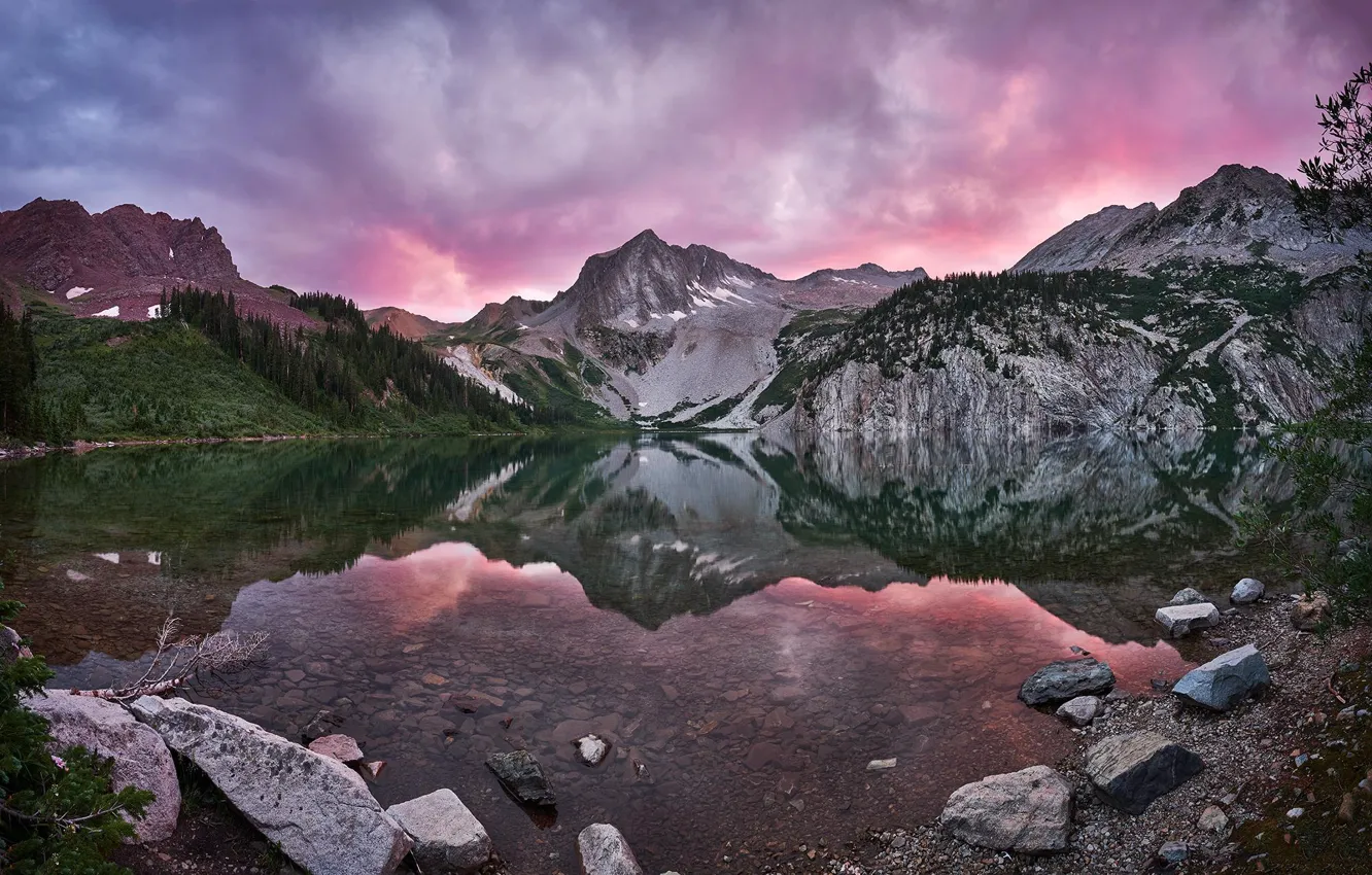Photo wallpaper the sky, clouds, trees, sunset, mountains, clouds, nature, lake