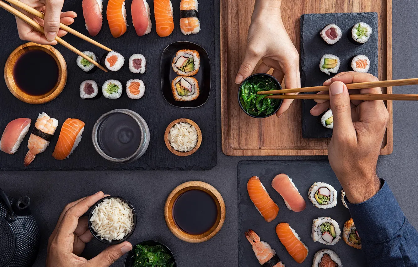 Photo wallpaper sushi, rice, fingers