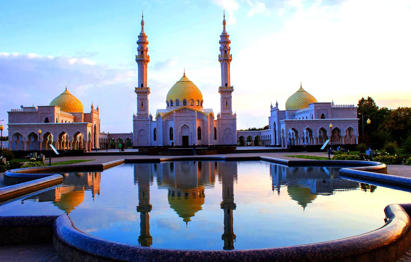 Photo wallpaper reflection, pool, tower, dome, Tatarstan, White Mosque, Bulgarians